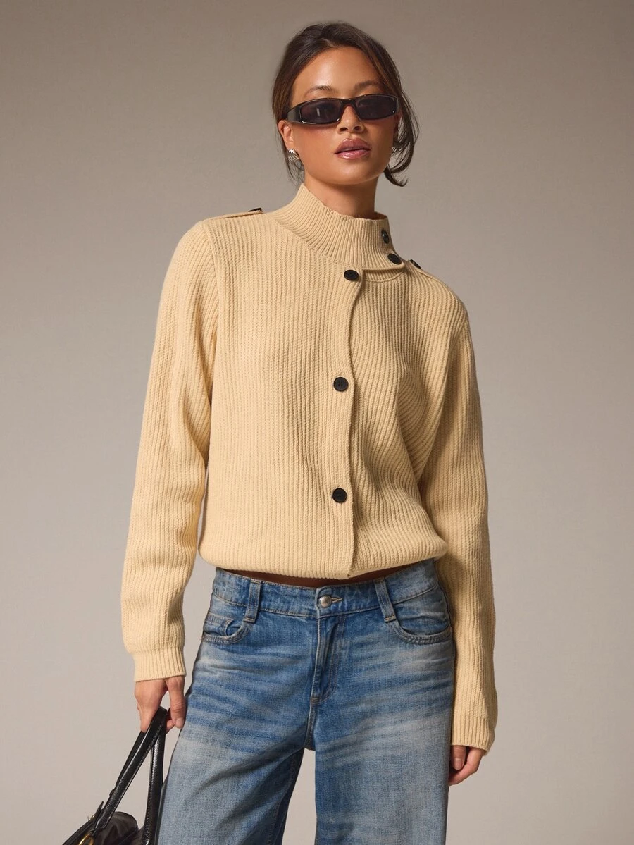 Athîral Women's Loose Beige Ribbed Knit Sweater,Asymmetric Button Front,Stand Collar,Solid,Autumn Winter Modern Casual Minimalist,Office Everyday Brunch,Fall - Yellow - View 1
