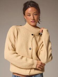 Athîral Women's Loose Beige Ribbed Knit Sweater,Asymmetric Button Front,Stand Collar,Solid,Autumn Winter Modern Casual Minimalist,Office Everyday Brunch,Fall - Yellow - View 5
