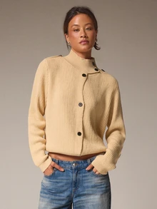 Athîral Women's Loose Beige Ribbed Knit Sweater,Asymmetric Button Front,Stand Collar,Solid,Autumn Winter Modern Casual Minimalist,Office Everyday Brunch,Fall - Yellow - View 4