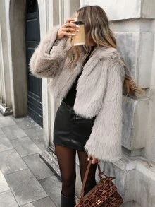 SHEIN Áo khoác ngắn lông giả tay dài cho nữ, phong cách dạo phố tiệc hẹn hò mùa Thu/Đông - Xám - Xem 6