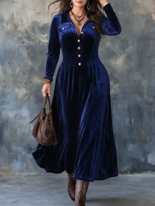 Linhara CURVE Plus Size Women's Casual Vacation Holiday Long Sleeve Button Half-Placket Shirt Dress Fall - Navy Blue - View 3