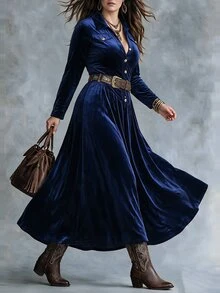 Linhara CURVE Plus Size Women's Casual Vacation Holiday Long Sleeve Button Half-Placket Shirt Dress Fall - Navy Blue - View 4