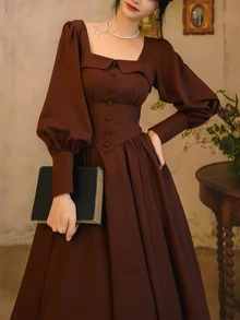 Auvina Plus Size Cinched Waist Buckle U-Neck Flare Skirt Coffee Color Vintage Elegant Dress Fall - Chocolate Brown - View 1