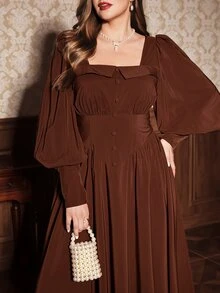 Auvina Plus Size Cinched Waist Buckle U-Neck Flare Skirt Coffee Color Vintage Elegant Dress Fall - Chocolate Brown - View 3