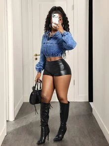 Slaydiva 女款抓皺休閒百搭日常牛仔上衣，秋冬款 - 藍色 - 查看 3