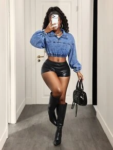 Slaydiva 女款抓皺休閒百搭日常牛仔上衣，秋冬款 - 藍色 - 查看 5