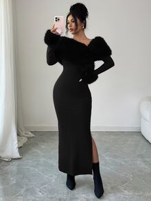 Seusyu 女士优雅露肩拼接仿毛领长裙，冬季 - 黑色 - 查看 3