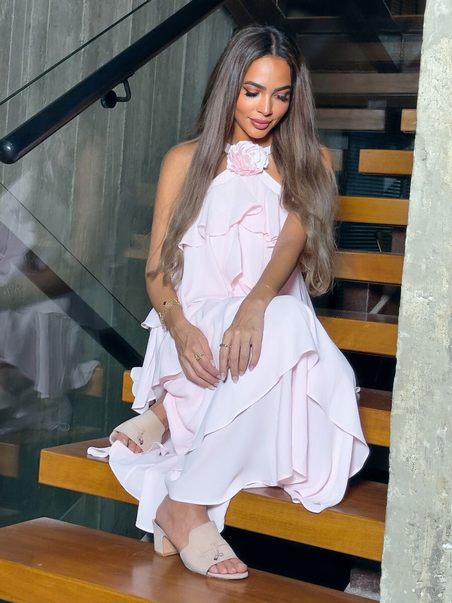 Alya Khalil STEREO FLOWER DETAIL LAYERED RUFFLE HEM HALTER DRESS,HOLIDAY PARTY BIRTHDAY FORMAL EVENING OCCASSION