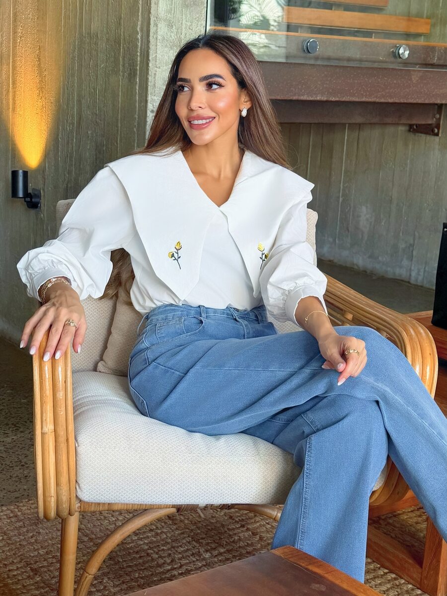Alya Khalil Floral Embroidery Statement Collar Lantern Sleeve Blouse Long Sleeve Top Cute Tops - White - View 1