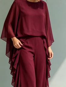 Velvienne Autumn/Winter Burgundy Luxury Elegant Evening Dinner Formal Wedding Gown Set, Sophisticated Lady Style, Atmospheric Plus Size 2 Pieces Outfit Fall - Burgundy - View 3