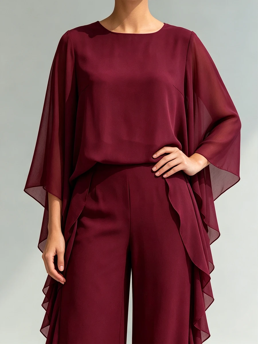 Velvienne Autumn/Winter Burgundy Luxury Elegant Evening Dinner Formal Wedding Gown Set, Sophisticated Lady Style, Atmospheric Plus Size 2 Pieces Outfit Fall - Burgundy - View 1