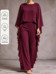Velvienne Autumn/Winter Burgundy Luxury Elegant Evening Dinner Formal Wedding Gown Set, Sophisticated Lady Style, Atmospheric Plus Size 2 Pieces Outfit Fall - Burgundy - View 4