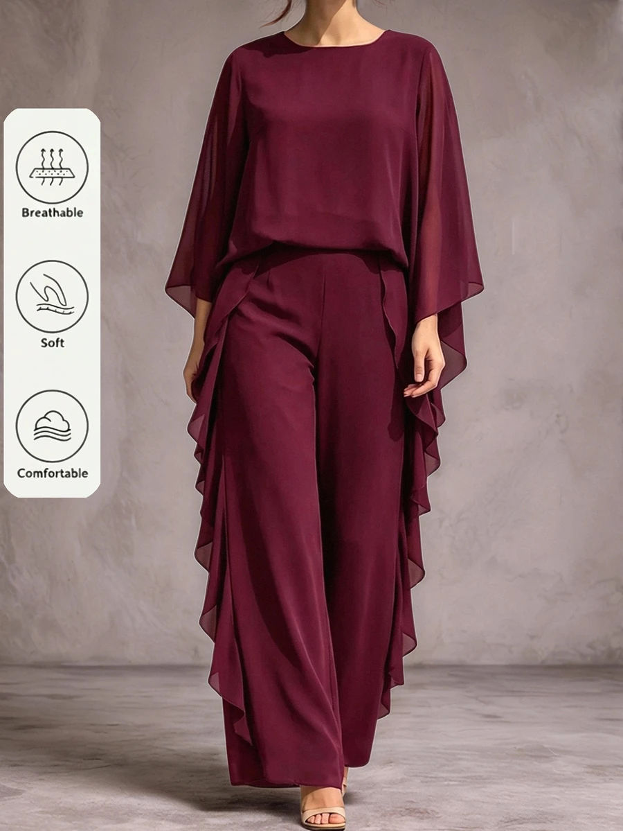 Velvienne Set Gaun Pesta Malam Formal Mewah Elegan Warna Burgundy Musim Gugur/Dingin, Gaya Wanita Anggun, Busana 2 Potong Ukuran Plus yang Menawan untuk Musim Gugur - Burgundy - View 1