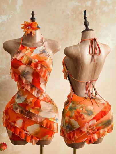 Mistrie Lady's Orange Red Floral Print Halter Dress,Boho Summer Holiday Vacation Holiday Sweet Spicy Style,Ruffled Border Design,Y2K Revival Slim Fit Dress