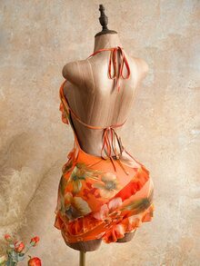 Mistrie 2026新款女士性感露肩印花连衣裙，荷叶边设计，Y2K复古风，甜美性感，度假风，年轻成人款，轻薄面料，修身剪裁，轻盈透气。适合海滩度假、音乐节、复活节和新学年穿着。 - 橘色 - 查看 3