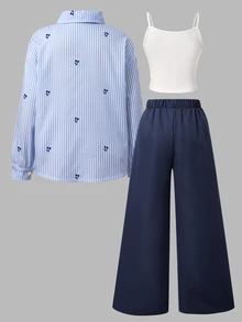 SHEIN Tween Girls Winter Outfits 3pcs/Set Blue White Navy Blue Long Sleeve Digital Print Shirt Long Pants Camisole Outings Casual 80s School Off Campus - Blue - View 2