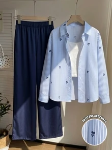 SHEIN Tween Girls Winter Outfits 3pcs/Set Blue White Navy Blue Long Sleeve Digital Print Shirt Long Pants Camisole Outings Casual 80s School Off Campus - Blue - View 1