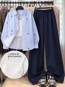 SHEIN Tween Girls Winter Outfits 3pcs/Set Blue White Navy Blue Long Sleeve Digital Print Shirt Long Pants Camisole Outings Casual 80s School Off Campus - Blue - View 3