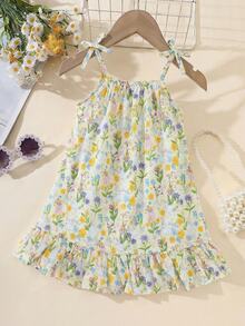 SHEIN Girls Woven Fabric Rabbit Floral All-Over Print Ruffle Hem Strap Dress, White, Summer, Fairy Athletic, Matching, Family Vacation, Casual Wear, Outings - Multicolor - View 2