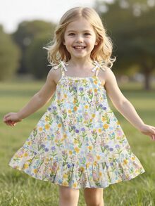 SHEIN Girls Woven Fabric Rabbit Floral All-Over Print Ruffle Hem Strap Dress, White, Summer, Fairy Athletic, Matching, Family Vacation, Casual Wear, Outings - Multicolor - View 1