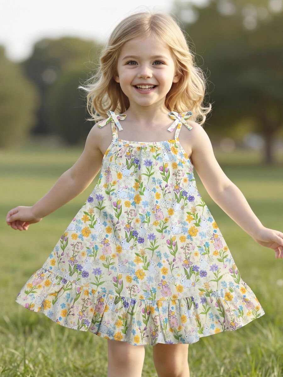 SHEIN Girls Woven Fabric Rabbit Floral All-Over Print Ruffle Hem Strap Dress, White, Summer, Fairy Athletic, Matching, Family Vacation, Casual Wear, Outings - Multicolor - View 1