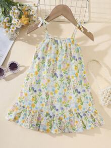 SHEIN Girls Woven Fabric Rabbit Floral All-Over Print Ruffle Hem Strap Dress, White, Summer, Fairy Athletic, Matching, Family Vacation, Casual Wear, Outings - Multicolor - View 4