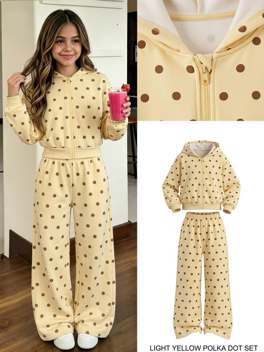 SHEIN Tween Girls Polka Dot Fleece Zip Up Hoodie & Sweatpants 2pcs Set, Cute Hooded Sweatshirt And Pants Casual Fall Winter Outfits - Yellow - View 1