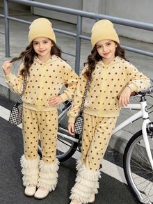 SHEIN Tween Girls Polka Dot Fleece Zip Up Hoodie & Sweatpants 2pcs Set, Cute Hooded Sweatshirt And Pants Casual Fall Winter Outfits - Yellow - View 4