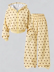 SHEIN Tween Girls Polka Dot Fleece Zip Up Hoodie & Sweatpants 2pcs Set, Cute Hooded Sweatshirt And Pants Casual Fall Winter Outfits - Yellow - View 3
