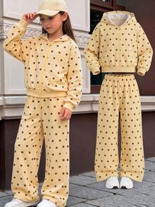 SHEIN Tween Girls Polka Dot Fleece Zip Up Hoodie & Sweatpants 2pcs Set, Cute Hooded Sweatshirt And Pants Casual Fall Winter Outfits - Yellow - View 5