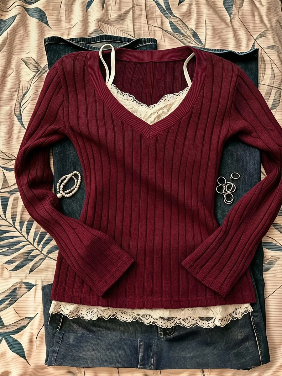SHEIN Teen Girls Fall Tops Grey Patchwork White Hem V-Neck Button Design Long Sleeve Casual Versatile Design T-Shirt - Burgundy - View 1