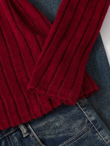 SHEIN Teen Girls Fall Tops Grey Patchwork White Hem V-Neck Button Design Long Sleeve Casual Versatile Design T-Shirt - Burgundy - View 4