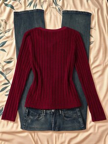 SHEIN Teen Girls Fall Tops Grey Patchwork White Hem V-Neck Button Design Long Sleeve Casual Versatile Design T-Shirt - Burgundy - View 3