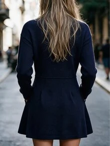 Penseblé New Chinese Style Elegant Retro Button Pocket Long Sleeved Design Women's Sweater Dress, Suitable For Dinner Dates, Women's Autumn Outfits - Navy Blue - View 2