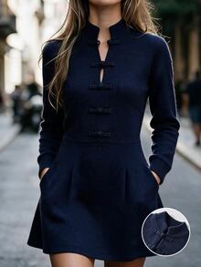 Penseblé New Chinese Style Elegant Retro Button Pocket Long Sleeved Design Women's Sweater Dress, Suitable For Dinner Dates, Women's Autumn Outfits - Navy Blue - View 5