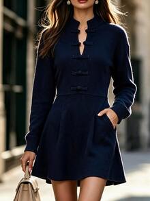 Penseblé New Chinese Style Elegant Retro Button Pocket Long Sleeved Design Women's Sweater Dress, Suitable For Dinner Dates, Women's Autumn Outfits - Navy Blue - View 4
