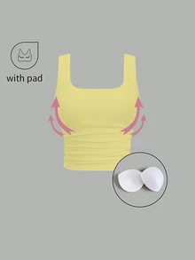 FavEase Solid Color Pleated Padded Fashionable Square Neck Casual Fitted Tank Top - Pale Yellow - View 3