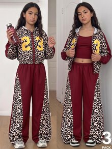 SHEIN 青少年女孩秋季服飾3件套，豹紋拼色拉鍊連帽外套、細肩帶背心與寬腿長褲，23號圖案休閒套裝 - 酒紅色 - 查看 1