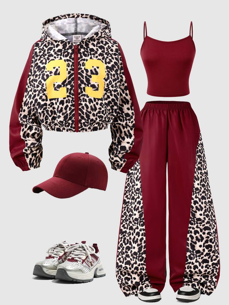 SHEIN Tween Girls Fall Clothes 3 Pieces Set, Leopard Print Color Block Zip Hoodie, Camisole And Wide Leg Trousers, Number 23 Graphic Casual Outfit - Burgundy - View 1
