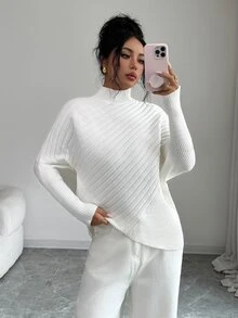 SHEIN Clasi Autumn/Winter Niche Design Slouchy Batwing Sleeve Cape High Neck Pullover Sweater Women Versatile Knit Loose Asymmetrical Fit - Apricot - View 6