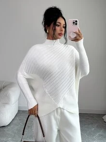 SHEIN Clasi Autumn/Winter Niche Design Slouchy Batwing Sleeve Cape High Neck Pullover Sweater Women Versatile Knit Loose Asymmetrical Fit - Apricot - View 4