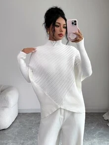 SHEIN Clasi Autumn/Winter Niche Design Slouchy Batwing Sleeve Cape High Neck Pullover Sweater Women Versatile Knit Loose Asymmetrical Fit - Apricot - View 5
