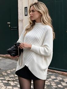 SHEIN Clasi Autumn/Winter Niche Design Slouchy Batwing Sleeve Cape High Neck Pullover Sweater Women Versatile Knit Loose Asymmetrical Fit - Apricot - View 3
