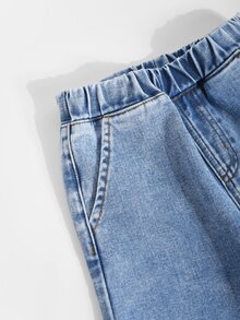 女童新款休閒牛仔女牛仔西部時尚牛仔褲，淺藍色水洗直筒褲，蕾絲飾邊褲腳，舒適柔軟夏季款 - 中等水洗藍 - 查看 7