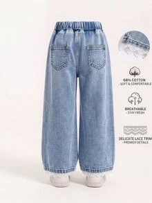 女童新款休閒牛仔女牛仔西部時尚牛仔褲，淺藍色水洗直筒褲，蕾絲飾邊褲腳，舒適柔軟夏季款 - 中等水洗藍 - 查看 2