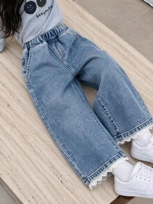 女童新款休閒牛仔女牛仔西部時尚牛仔褲，淺藍色水洗直筒褲，蕾絲飾邊褲腳，舒適柔軟夏季款 - 中等水洗藍 - 查看 1