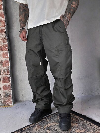 SLATEMANN Men's Black Winter Streetwear Parachute Cargo Pants,Loose-Fitting Techwear Utility Pants For City Break,Outdoor Hip-Hop Wide-Leg Straight Casual Pants