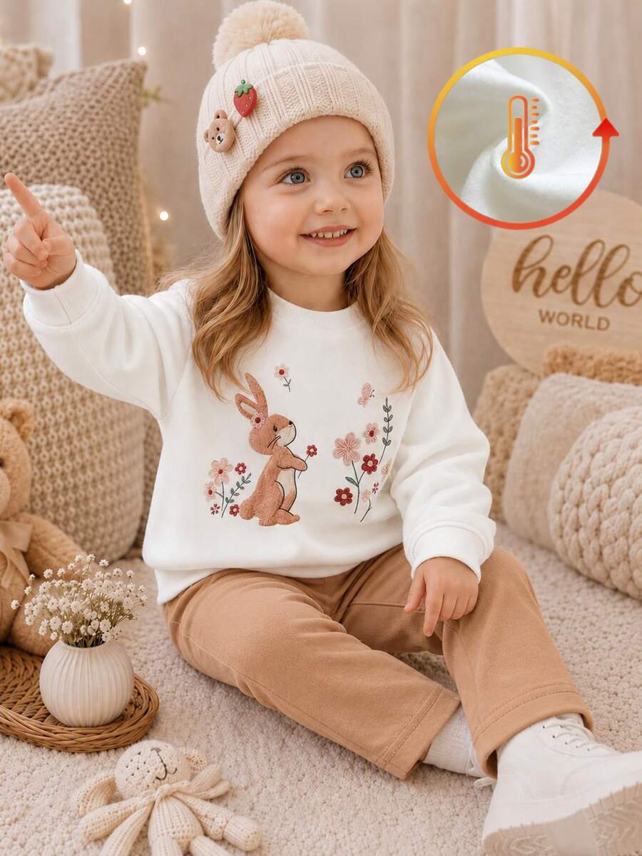SHEIN 2件組幼女運動衫與內搭褲套裝,可愛奶油白兔花朵刺繡,抓絨長袖圓領加厚款,冬季聖誕節秋季毛絨保暖服 - 卡其色 - 查看 1
