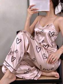 Dream Adore Heart & Letter Graphic Satin PJ Set / Pajama Set - Baby Pink - View 1