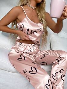 Dream Adore Heart & Letter Graphic Satin PJ Set / Pajama Set - Baby Pink - View 4
